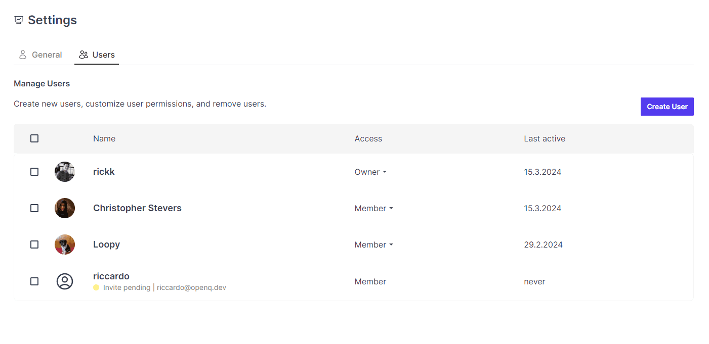 User settings landingpage